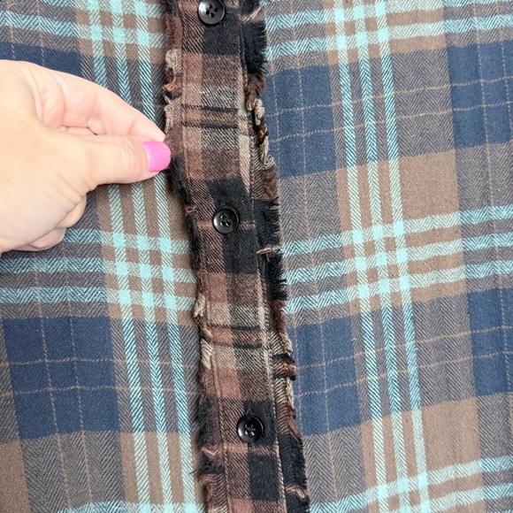Natural Life Colorblock Plaid Flannel Button Up Fringed Shirt Medium Cozy Boho - Picture 5 of 8